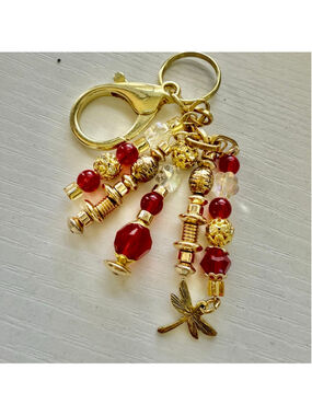 NEW Red Dragonfly Bag Charm Keychain Crystal Beaded Handmade One of a Kind